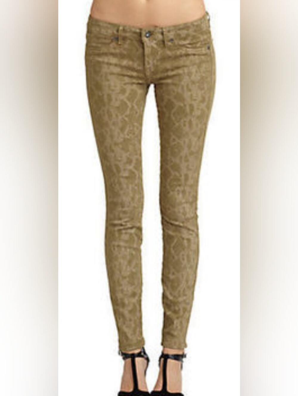 Rich & Skinny Python Print Skinny Slim Jeans Pants Trousers Olive Size 26